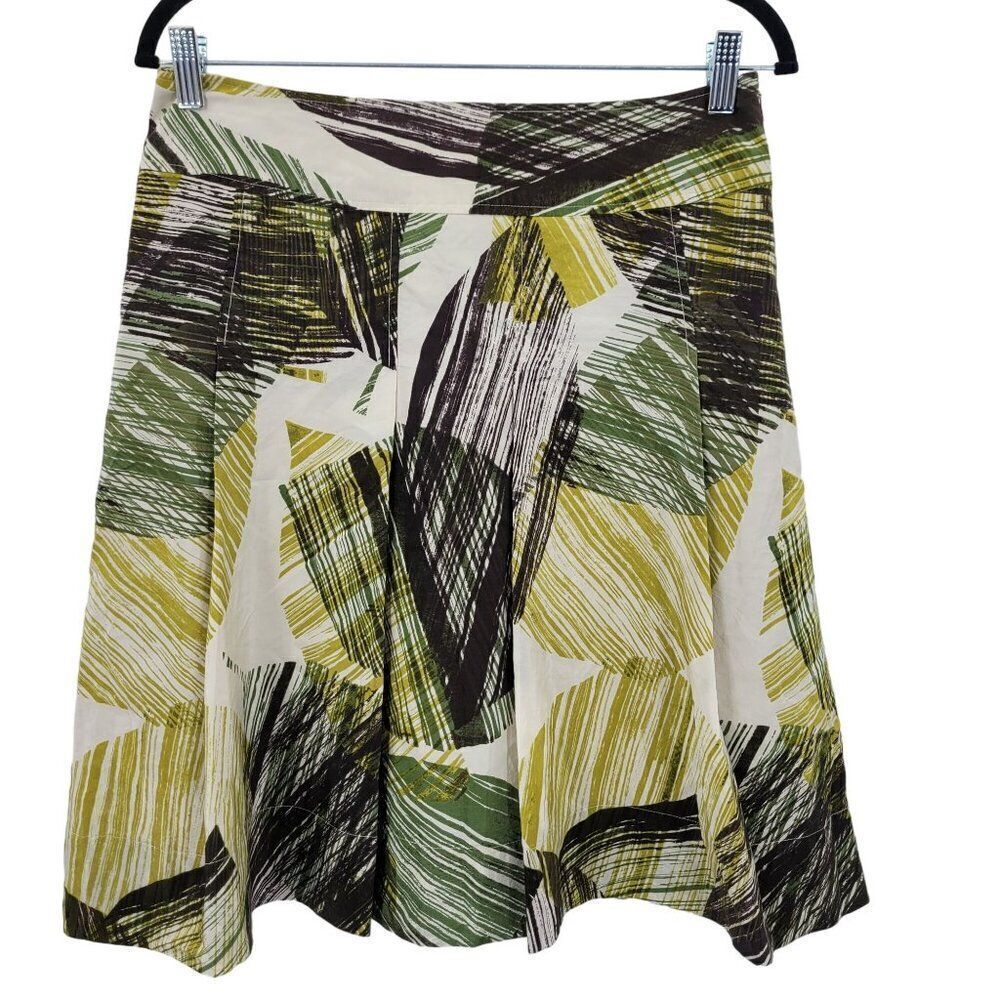 Vintage Silk Skirt 8 Green Yellow Abstract Leaf A-Line Paneled Full‎ Tea Length